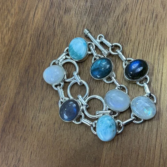 Multi Gemstone Bracelet Larimar Blue Labradorite Rainbow Moonstone Handmade 925 - Picture 4 of 9